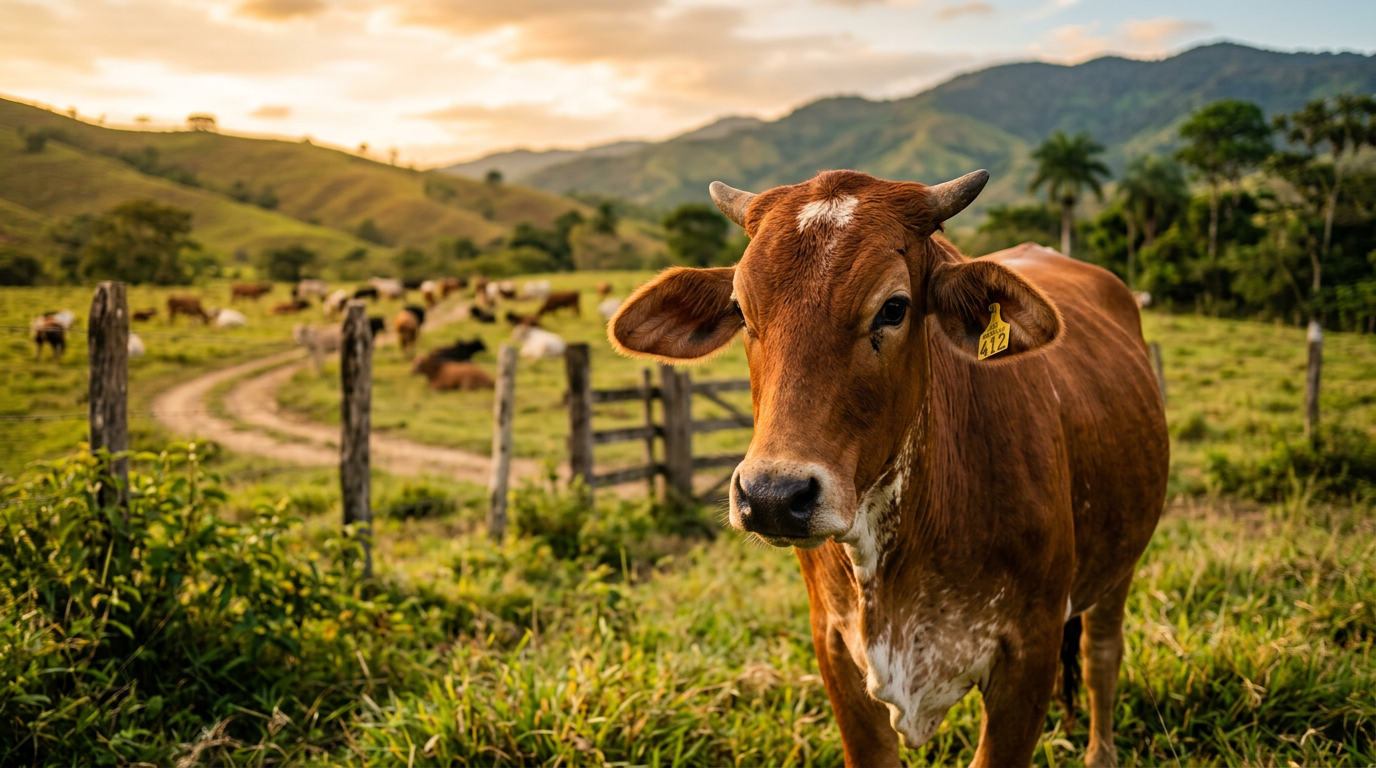 Vaca en primer plano en un hato, con pastizales y ganado al fondo al atardecer.